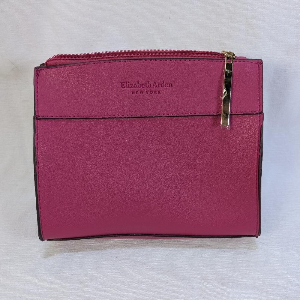 Elizabeth Arden Fuchsia Leather Cosmetic Bag with Gold Accent
